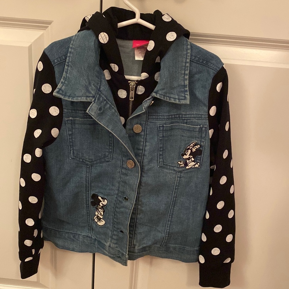Adorable girl Disney jean jacket complete with embroidered Mickey and Minnie!